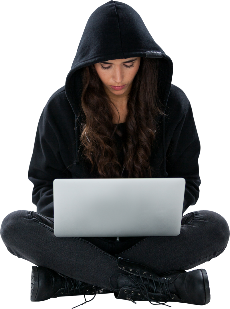 Transparent Image of Young Female Hacker Using Laptop in Black Hoodie - Download Free Stock Images Pikwizard.com