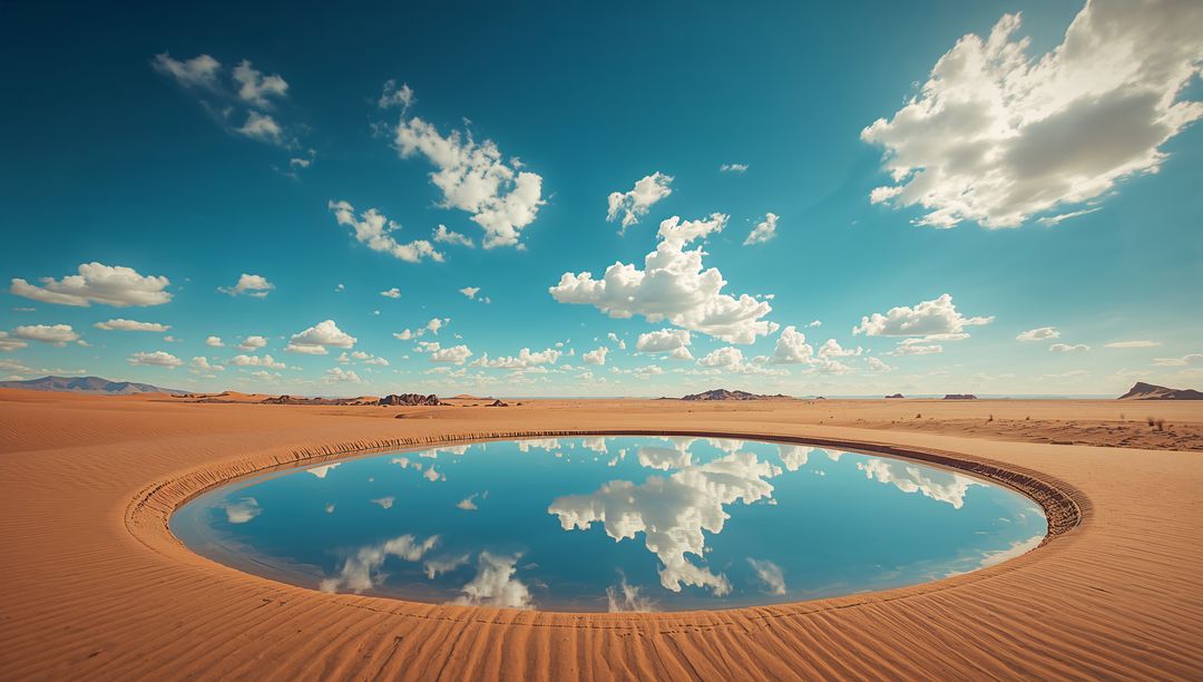 Circular Desert Oasis Reflecting Clouds Under Bright Blue Sky