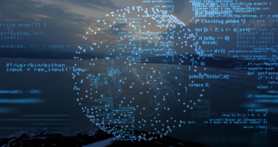 Digital Globe with Floating Code Over Shoreline at Dusk