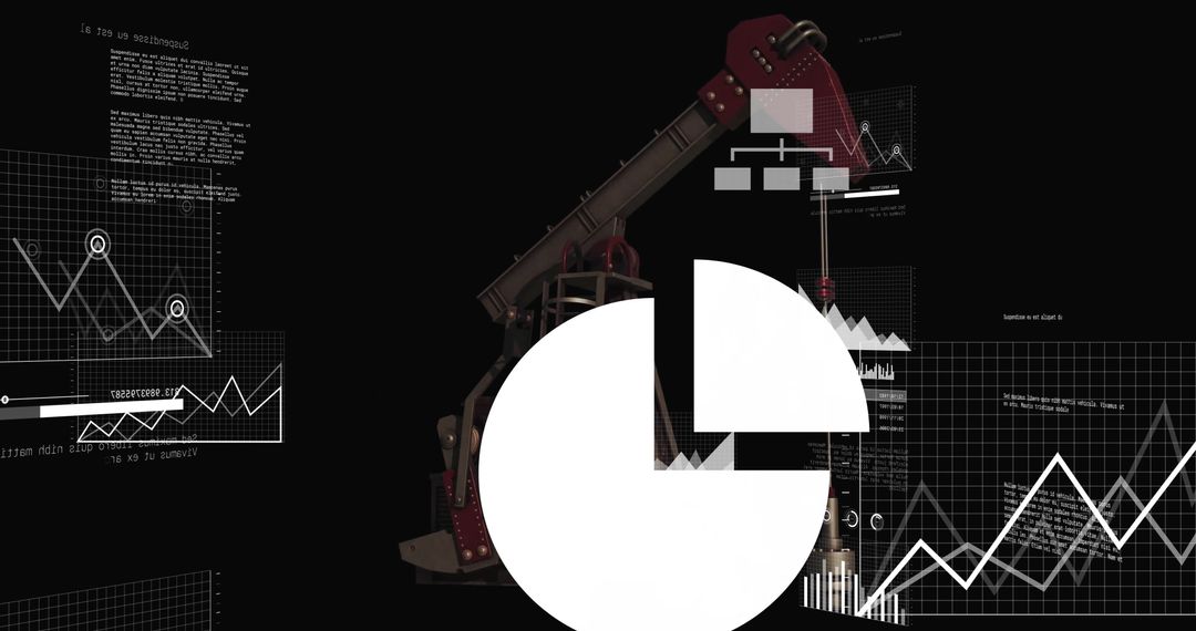 Futuristic Oil Pumping Machine with Data Graphs on Black Background