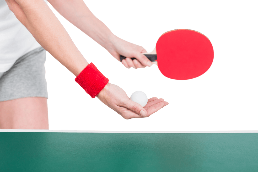 Female Athlete with Red Paddle Preparing Ping Pong Serve on Transparent Background
