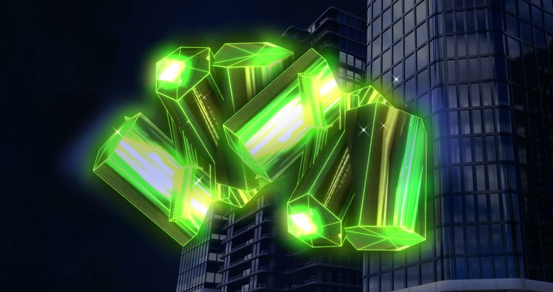 Digital Green Crystals Glowing Over Modern Cityscape Backdrop