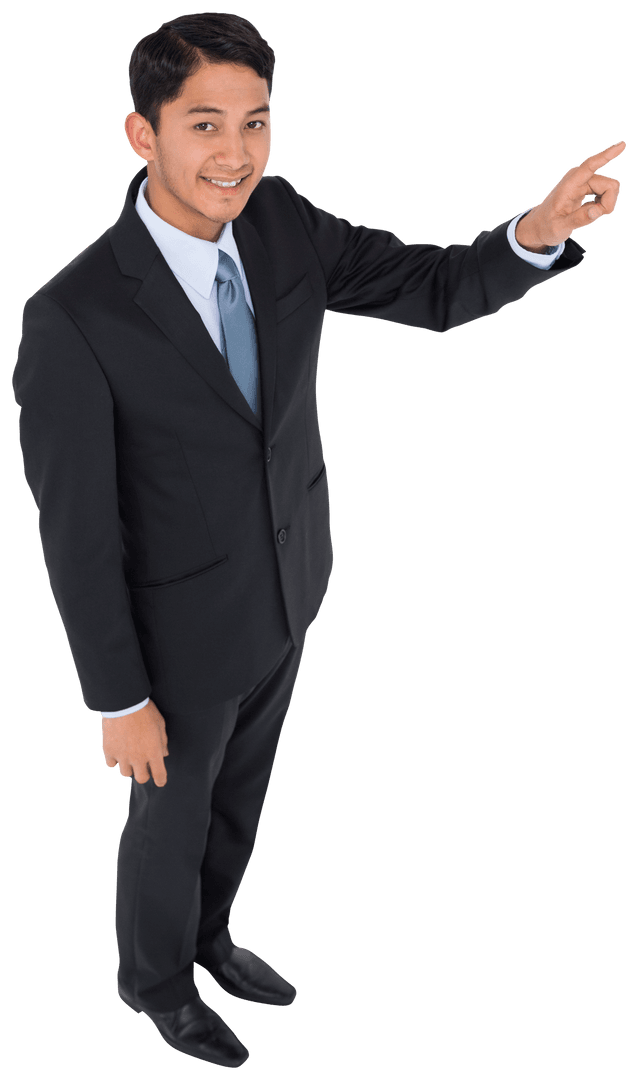 Transparent Happy Asian Businessman Pointing Upward for Success