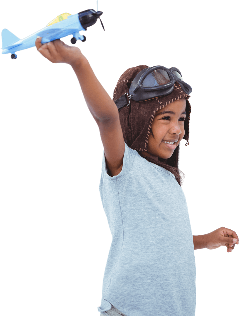 Transparent Joyful Girl Playing with Toy Airplane Aviator Style