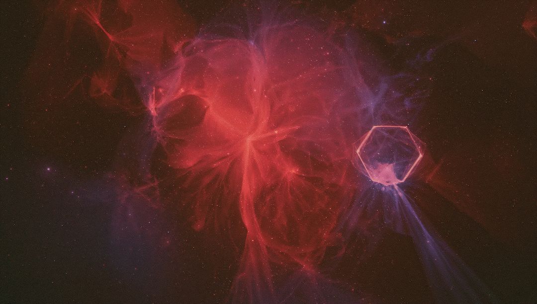 Crimson-Violet Nebula with Glowing Polyhedron in Space
