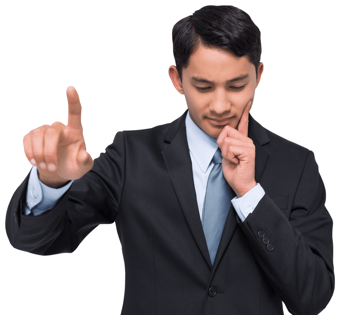 Thinking Businessman Pointing Finger on Transparent Background