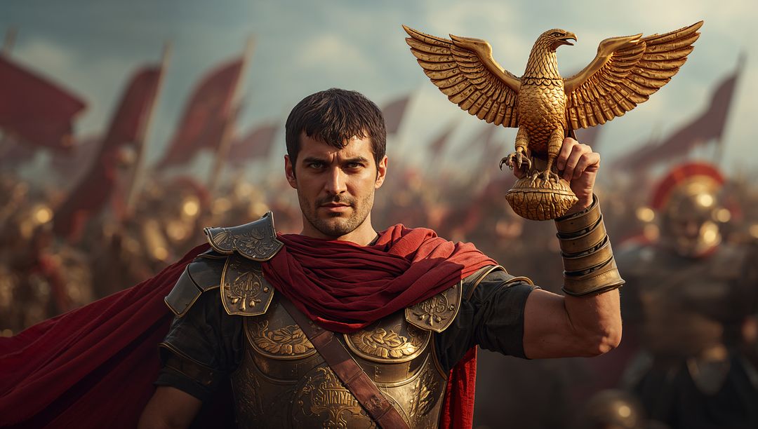Roman Commander Raising Gilded Eagle Standard Leading Legion in Bronze Armor and Red Cloak