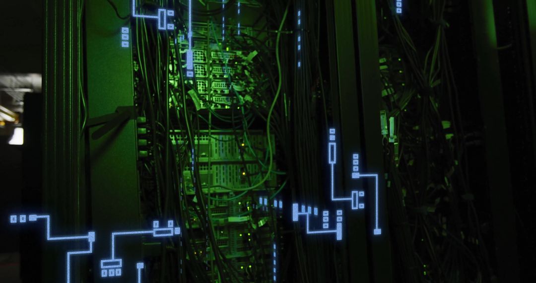 Detailed circuit board and data processing overlay on computer servers