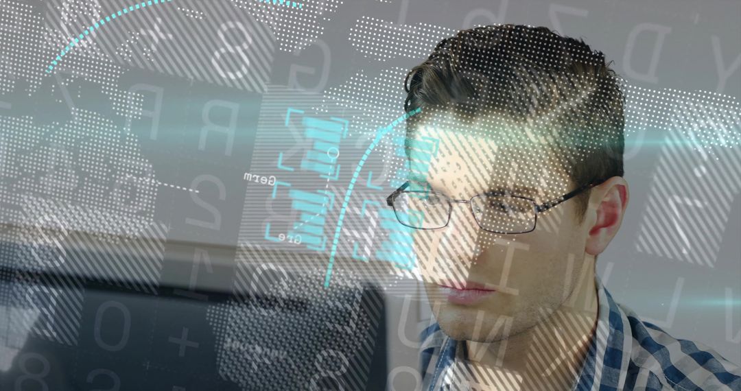 Professional Analyzing Holographic Data Interface in Office Space