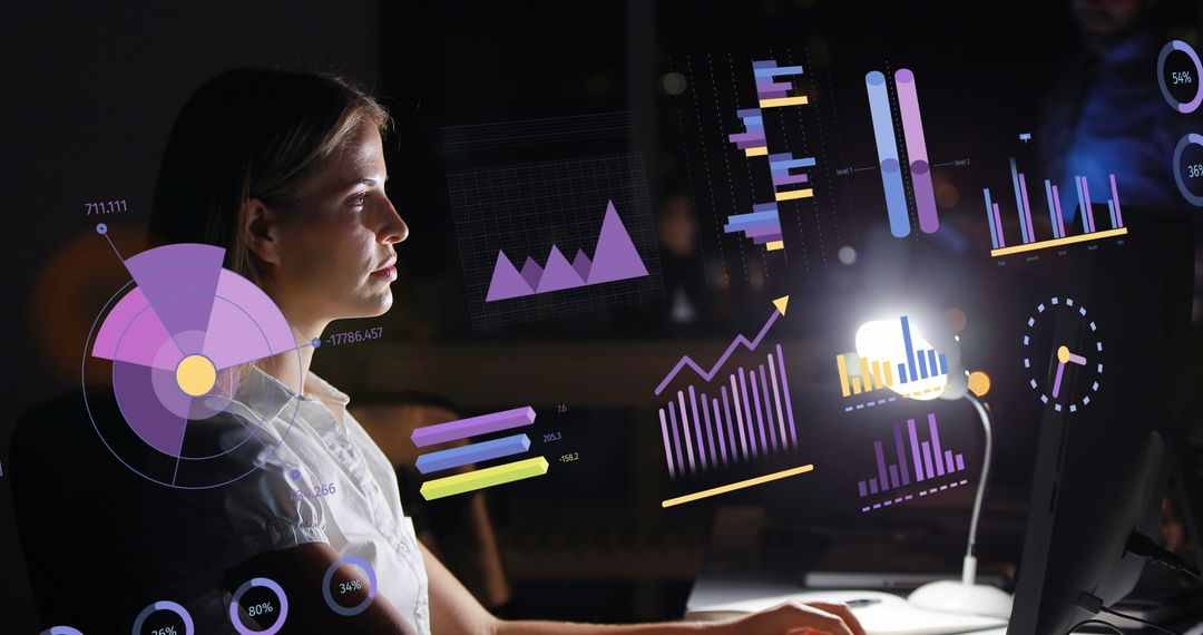 Businesswoman Analyzing Data with Digital Graphs Interface