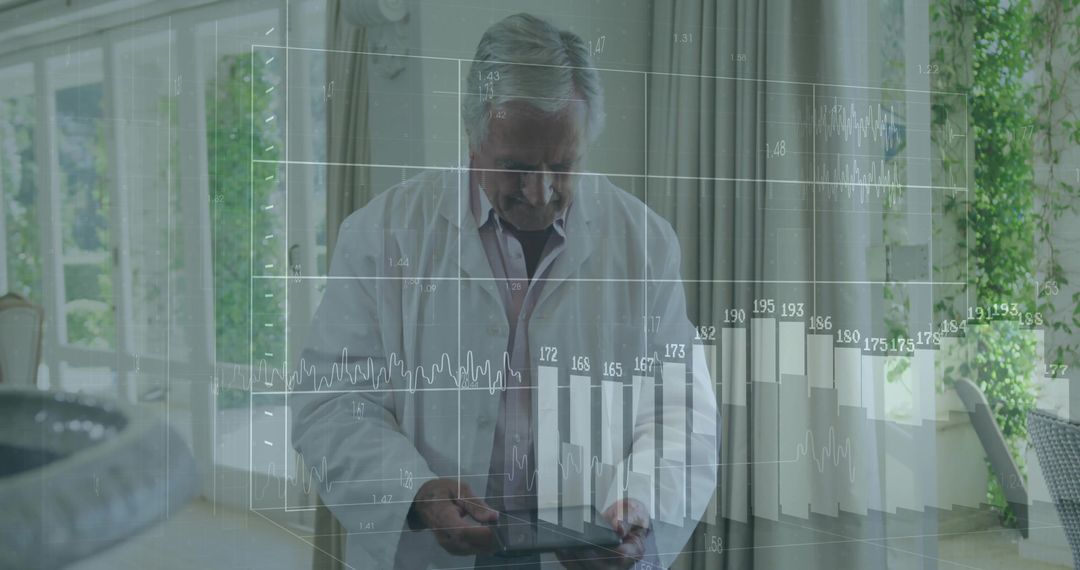 Elderly Scientist Analyzing Digital Charts on Tablet for Data Innovation