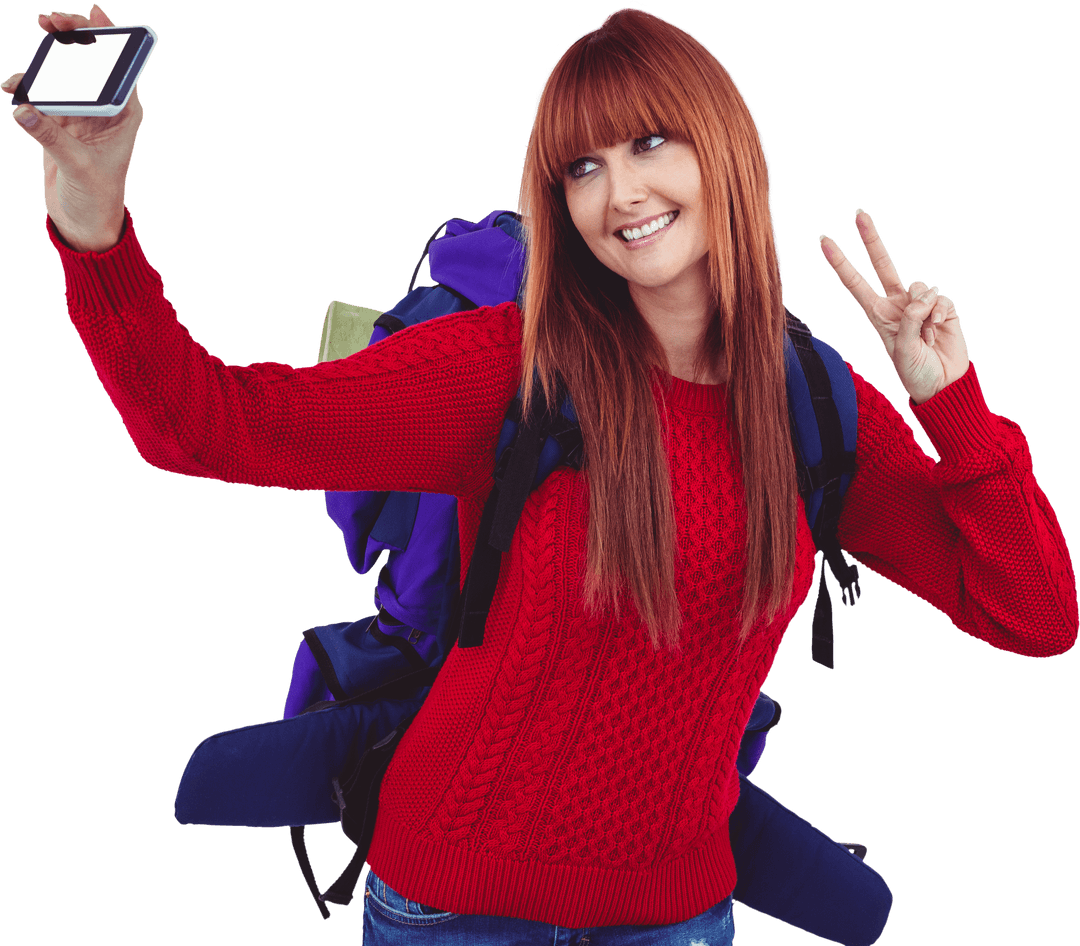 Transparent Image of Traveler Taking Selfie with Red Sweater