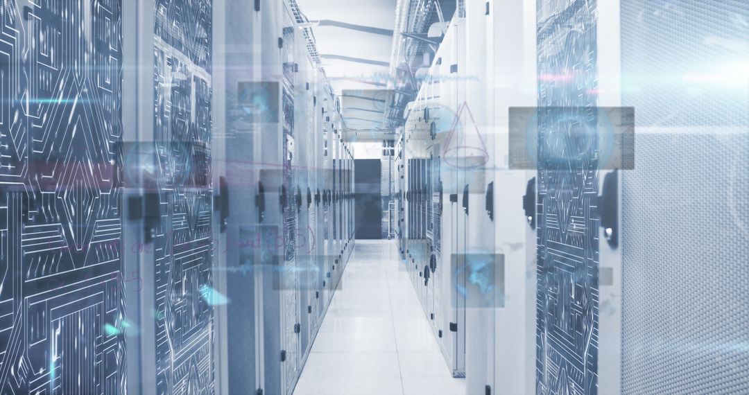 Futuristic data center with virtual interface elements