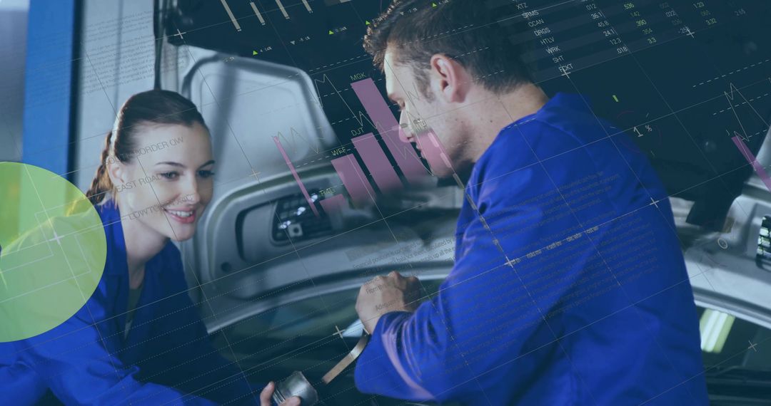 Technicians Inspecting Car Trunk with Wrench and Digital Diagnostic Data Overlay