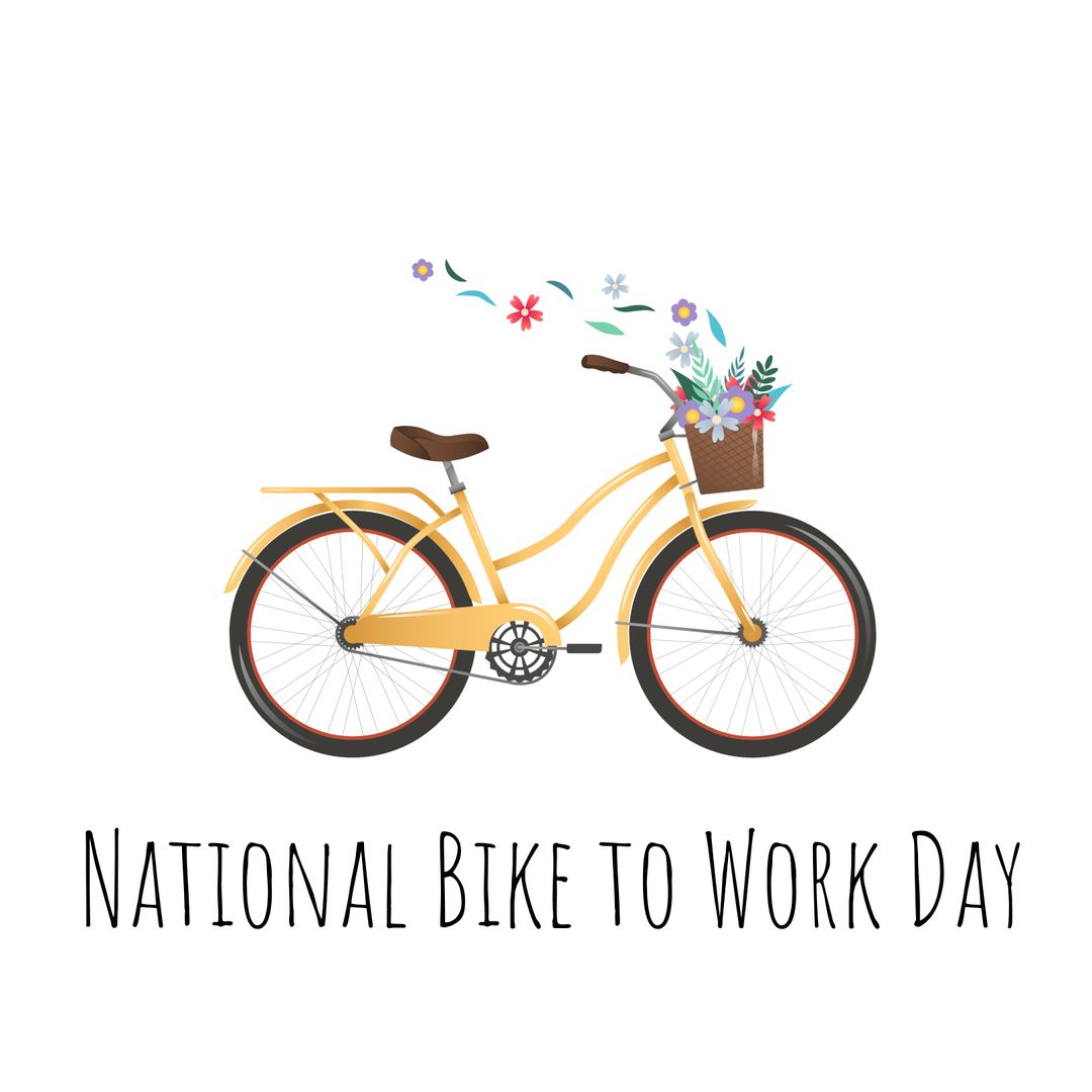 National Bike to Work Day Graphic with Yellow Bicycle and Flowers