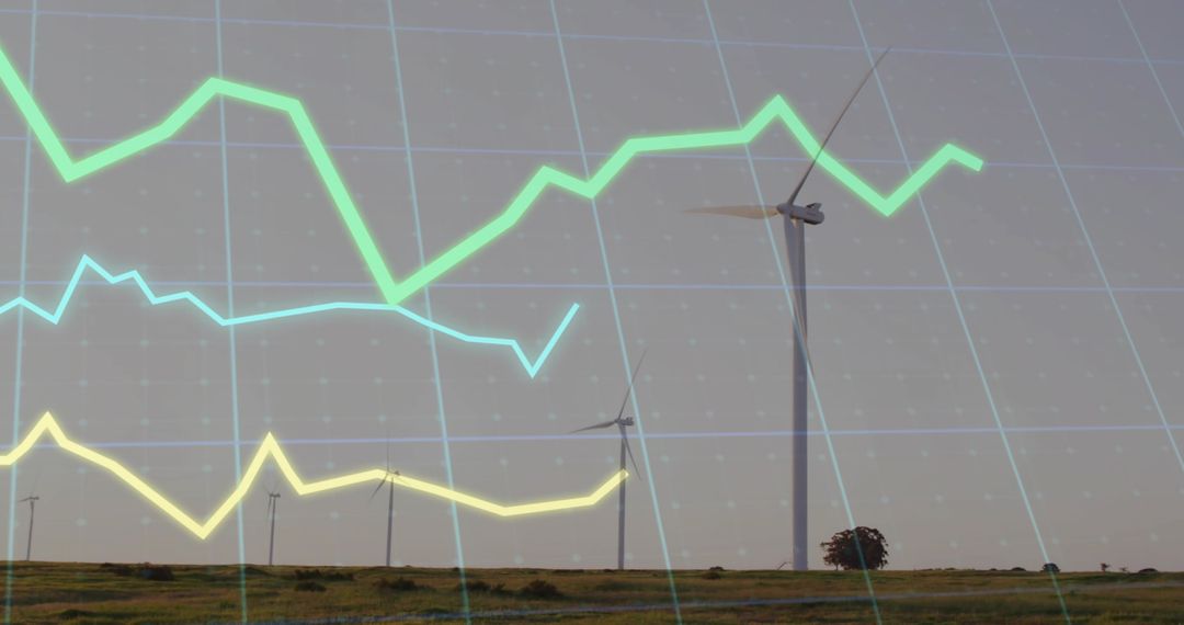 Windfarm performance graphs overlaying towering turbine rising over rural pasture data