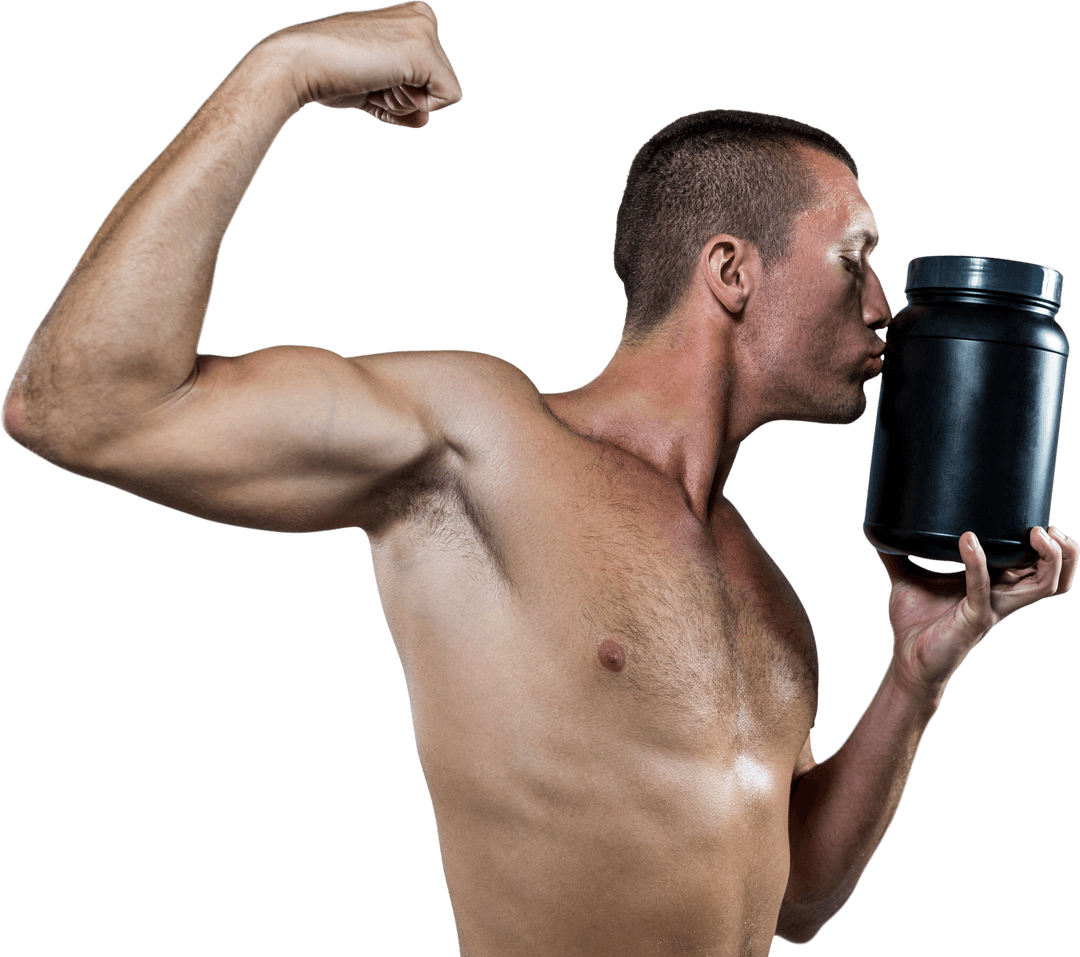 Athlete Flexing Muscles Kissing Transparent Supplement Container