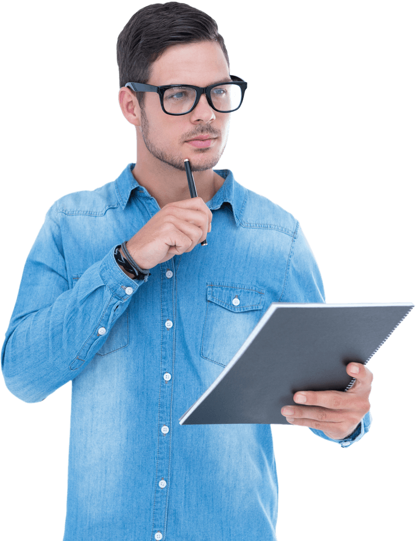Transparent Thoughtful Man in Glasses Holding Pen and Notebook
