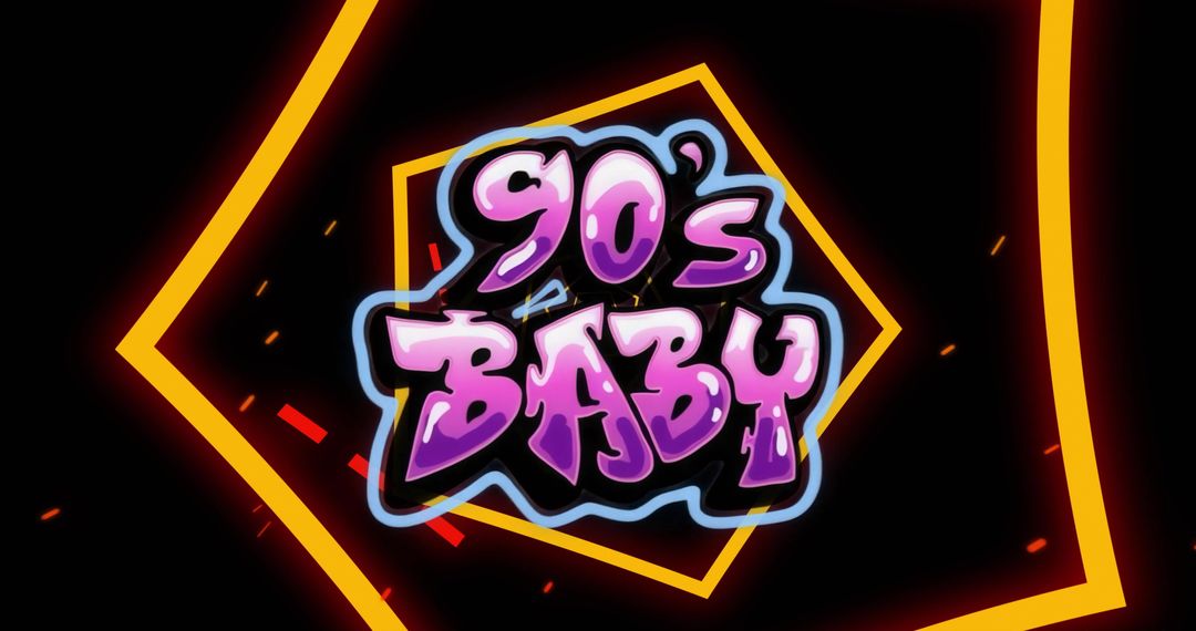 90's Baby Graffiti Text with Neon Polygons and Confetti