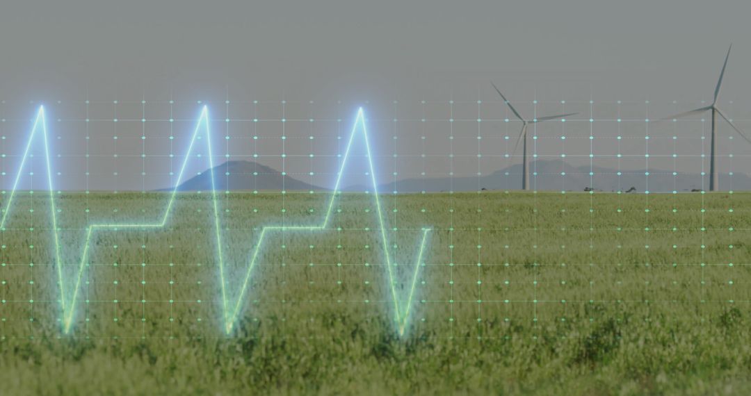 Futuristic ECG Wave Overlaying Verdant Wind Farm Landscape
