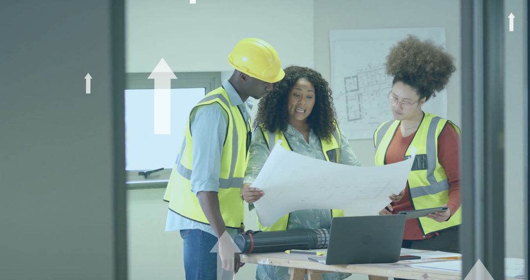 Diverse Engineers Collaborating on Building Plans with Data Visualization