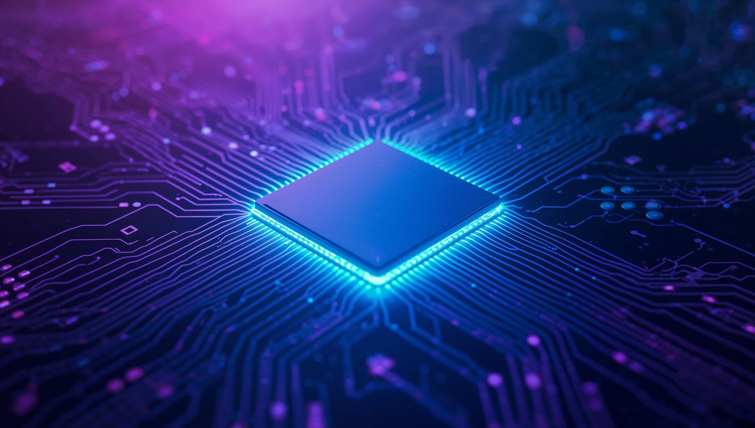 Glowing Microprocessor Chip on Neon Circuit Board