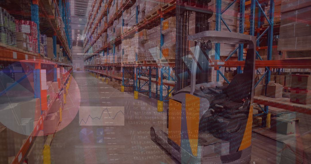 Warehouse and Financial Data Overlay Illustrating Logistics and Analytics