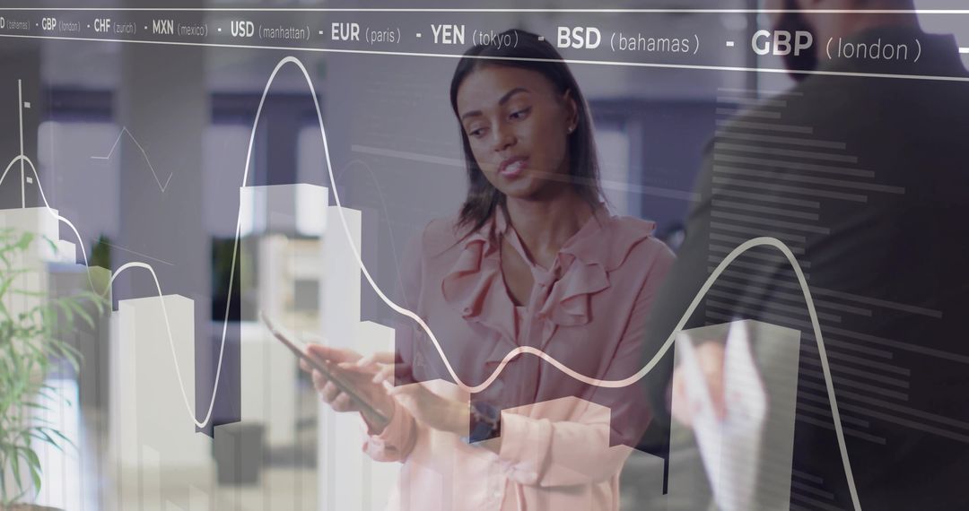 Team Discussing Financial Data on Digital Screen in Office Setting