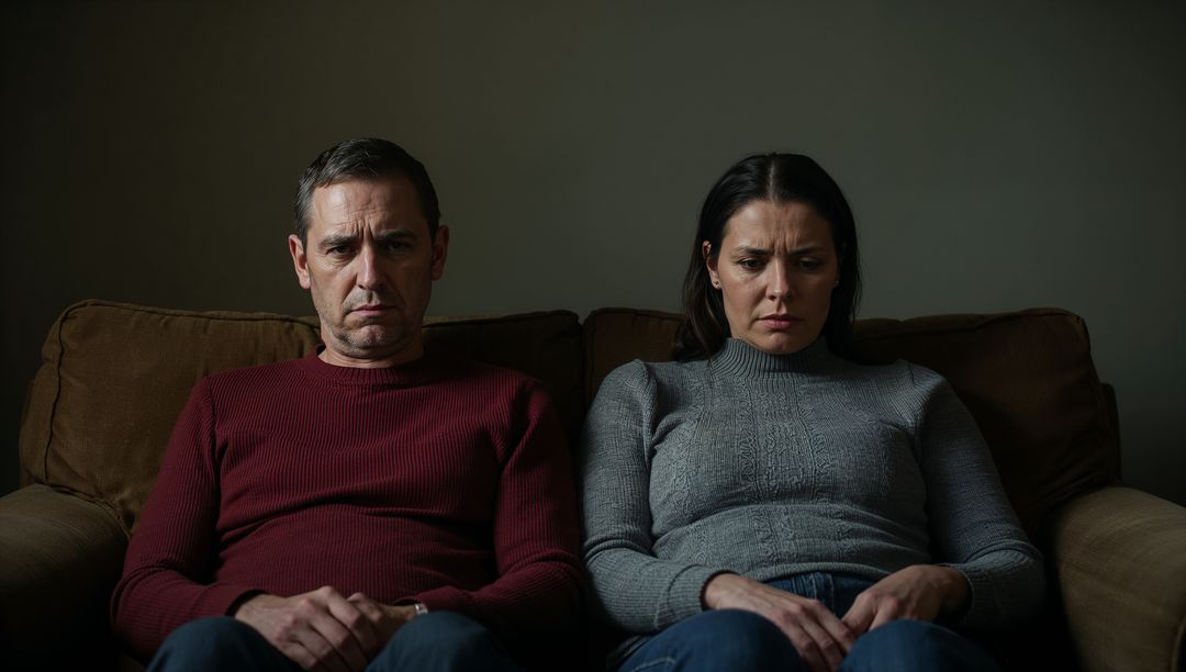 Sitting couple displaying emotional distance on sofa, conveying tension and unhappiness