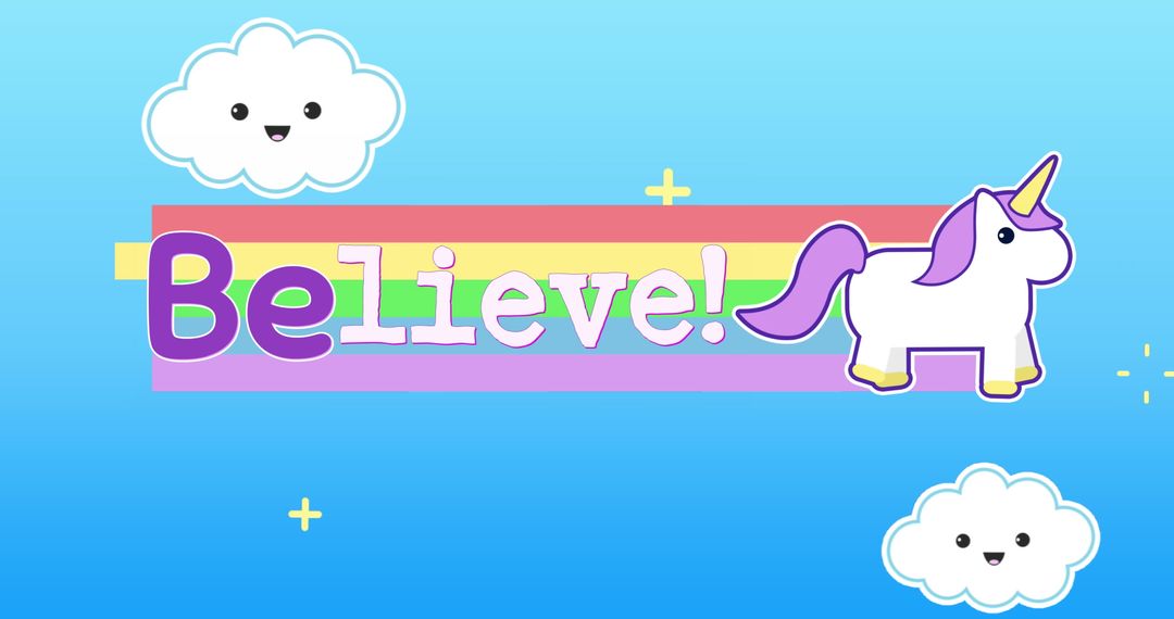 Whimsical Unicorn and Rainbow with Believe Text