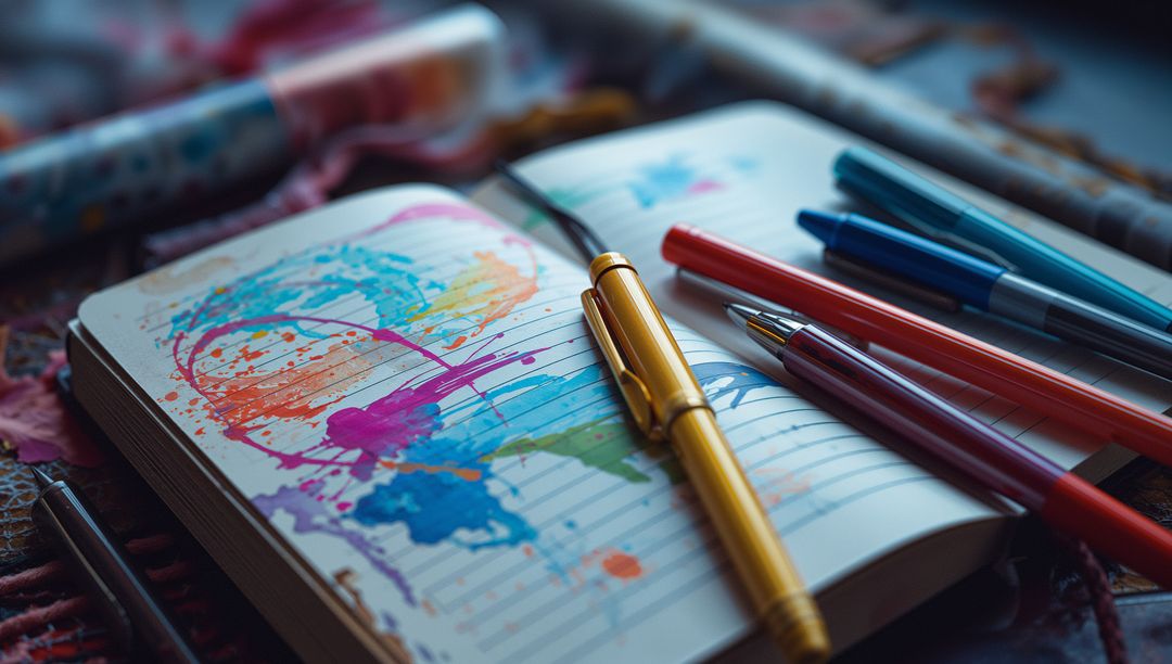 Colorful Notebook with Watercolor Splatters and Pens in Art Studio
