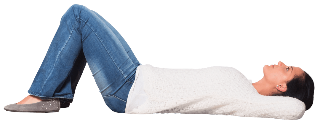 Transparent Relaxing Woman in Jeans Lying Down in White Sweater