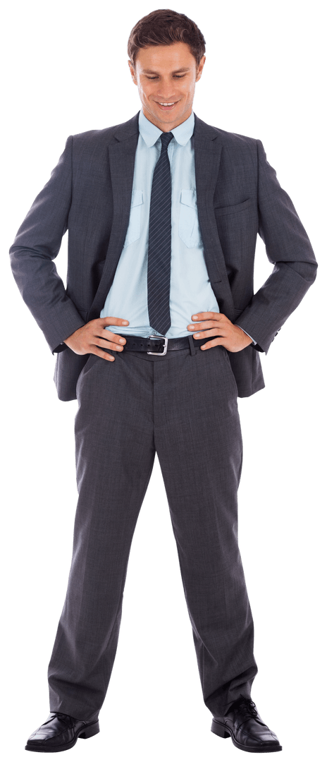 Confident Businessman in Suit Smiling with Hands on Hips Transparent Background