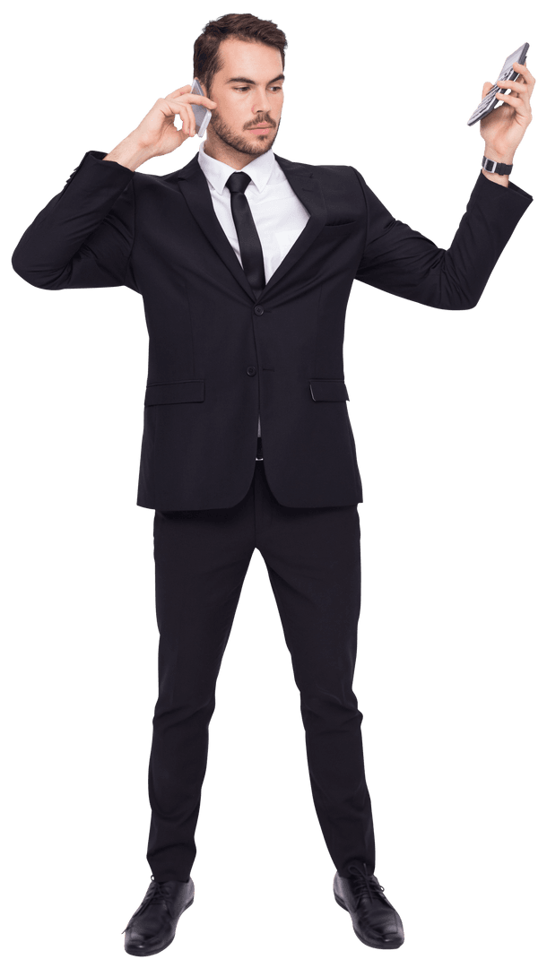 Transparent Businessman Holding Phone and Calculator Balancing Tasks