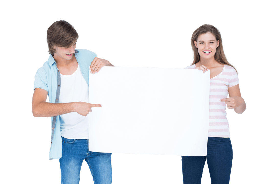 Hipster Couple Holding Large Transparent White Poster