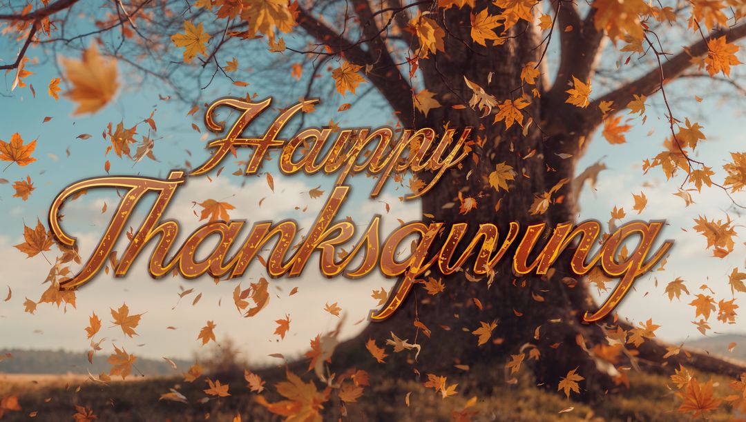 Happy Thanksgiving Greeting with Swirling Golden Maple Leaves and Sunlit Country Tree