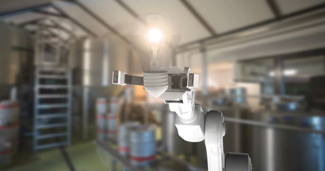Industrial Robot Arm Holding Illuminated Bulb in Factory Environment