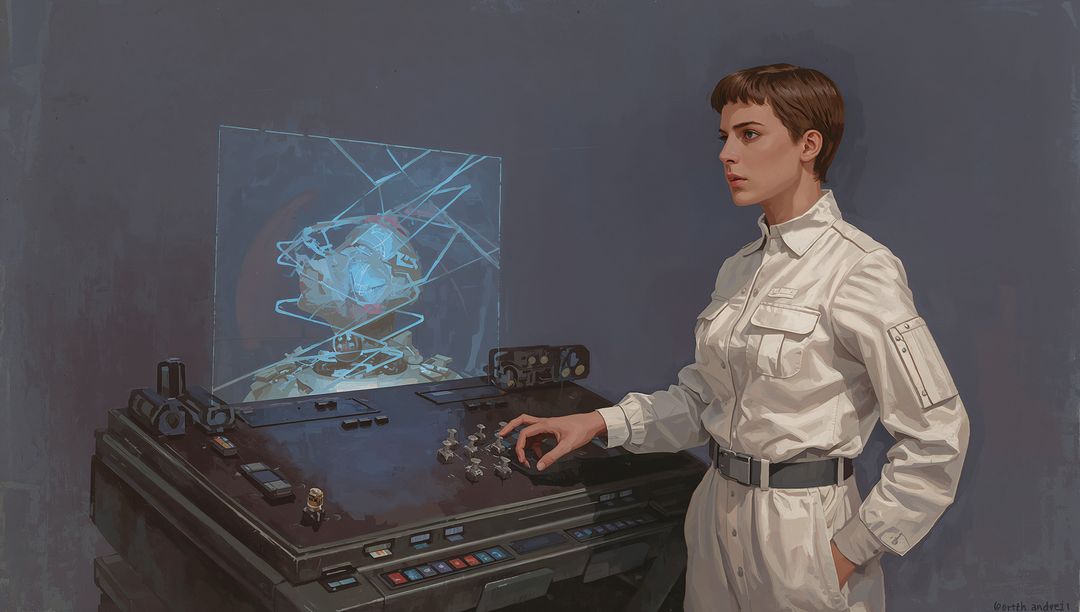 Female technician operating holographic console while studying blue projection in futuristic lab