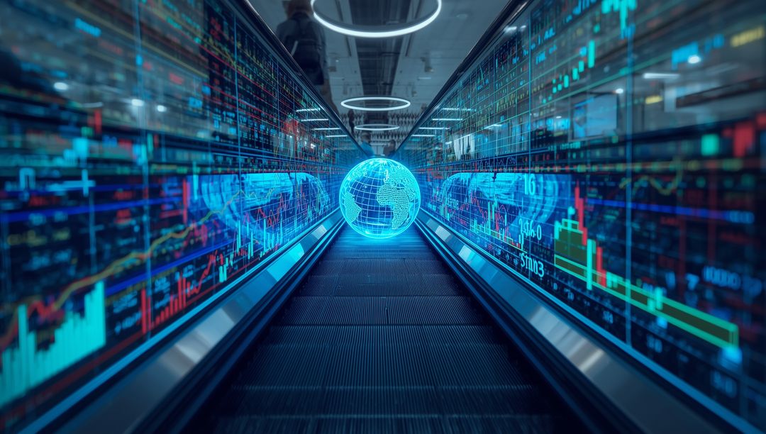 Futuristic Digital Corridor with Holographic Globe and Moving Walkway