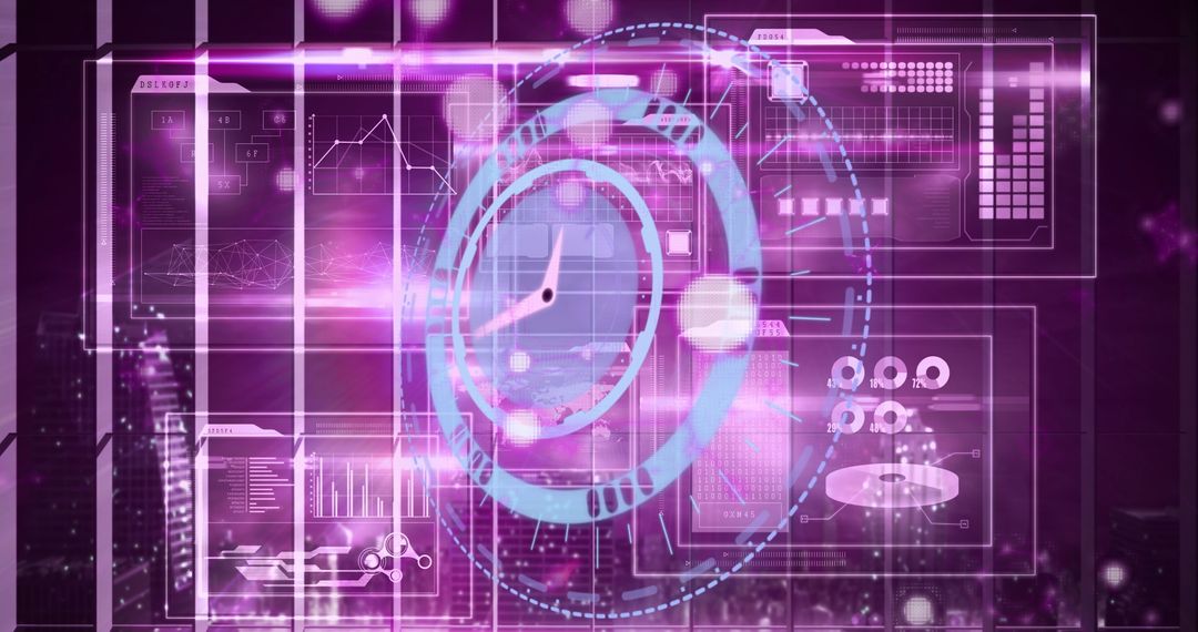 Futuristic Digital Interface with Data Visualization and Clock Graphic