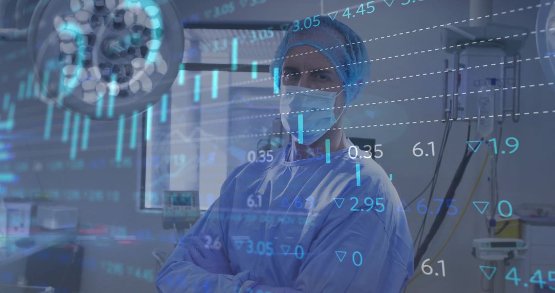 Surgeon with Financial Chart Overlay in Modern Operating Room