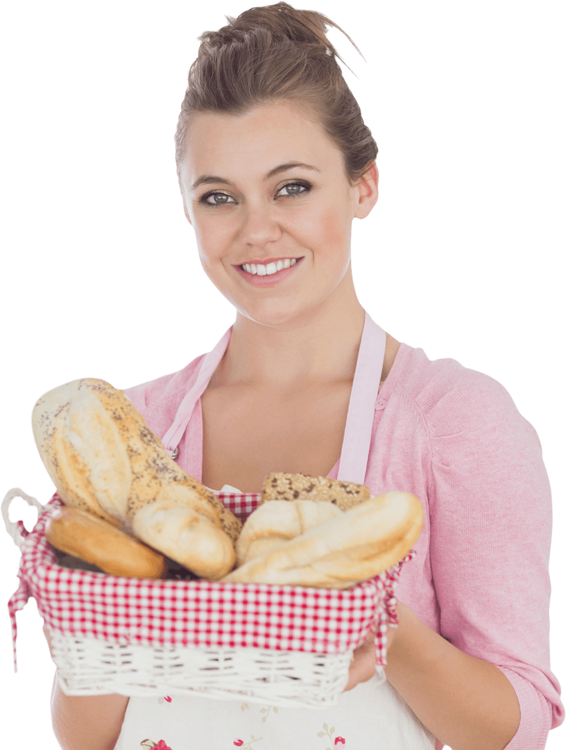 Smiling Woman Holding Bread Basket Transparent Background