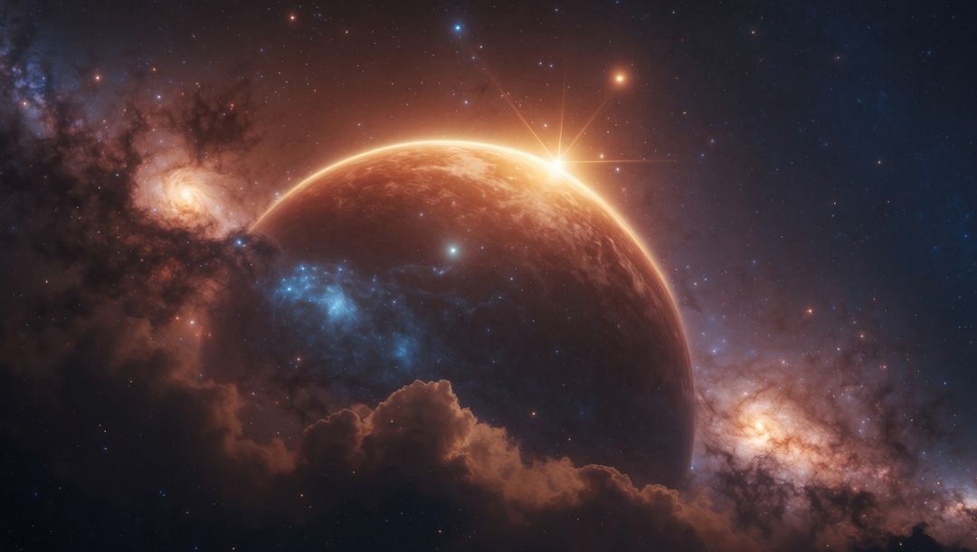 Majestic Planet Rising in Nebula with Glowing Star and Galaxies