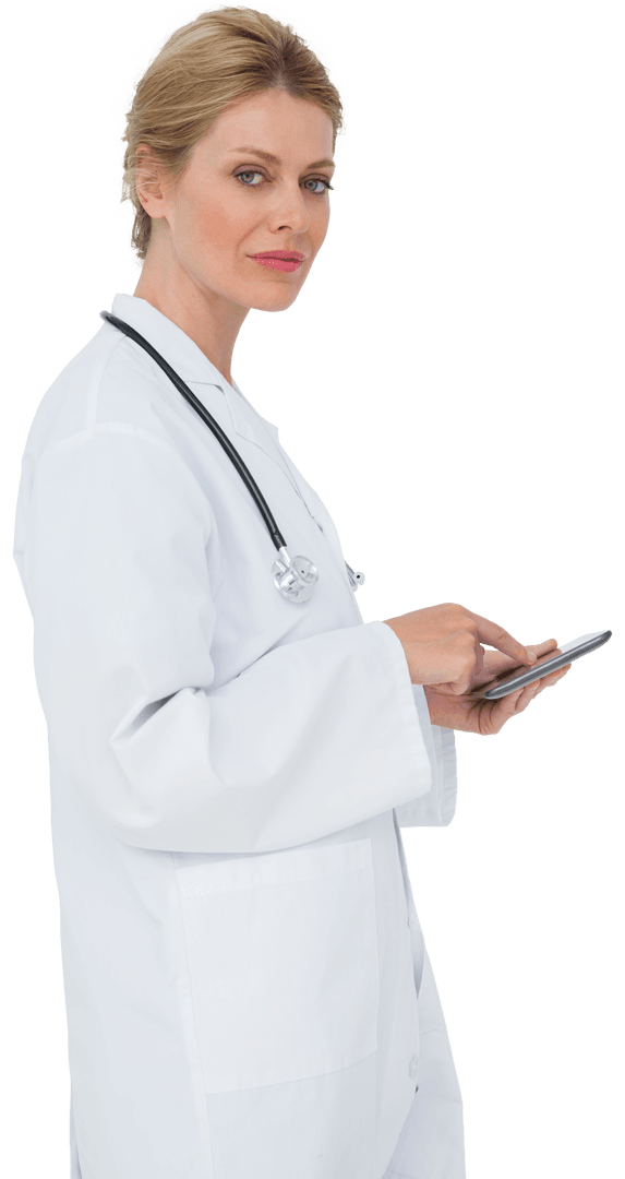 Transparent Female Doctor Using Tablet with Composure