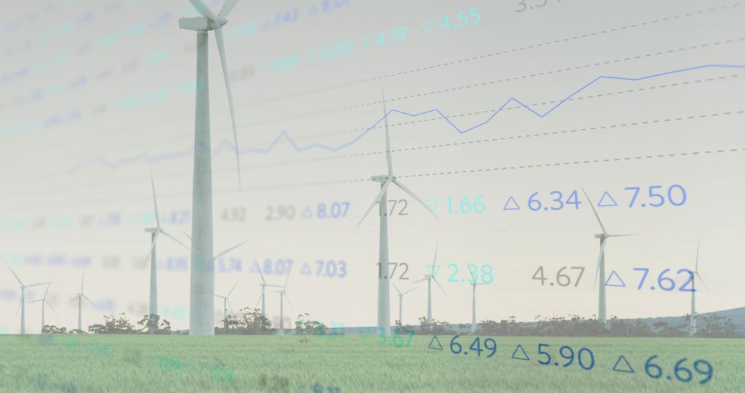 Wind Turbines with Data Overlay Highlighting Renewable Energy Trends