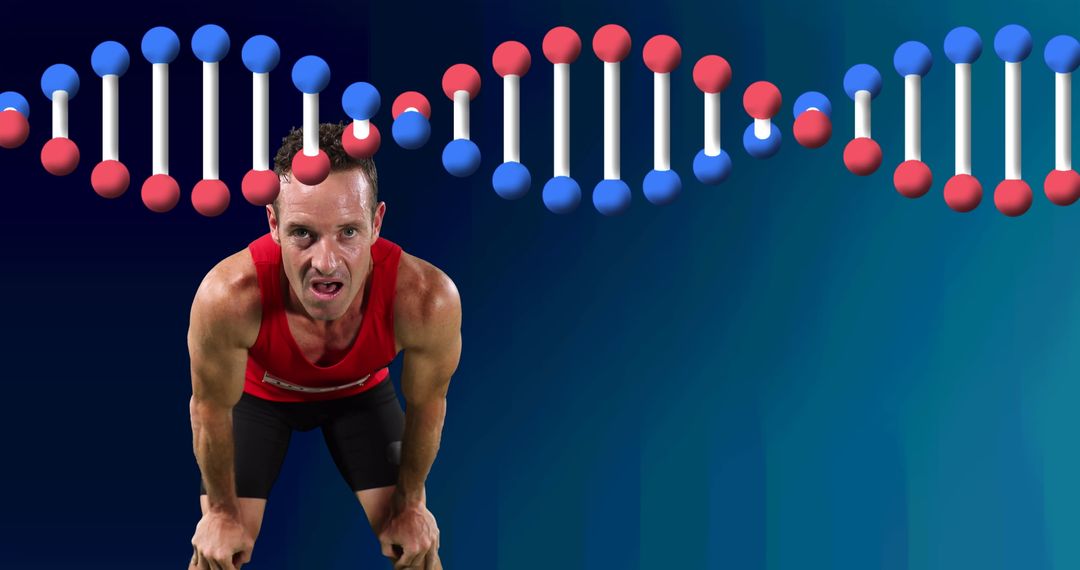 Athletic Male Resting Amidst Digital DNA Strands