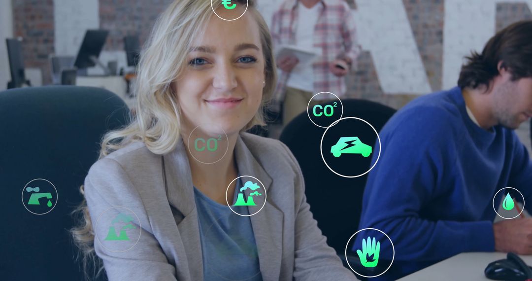 Smiling Business Woman with Eco Digital Overlay in Office Environment