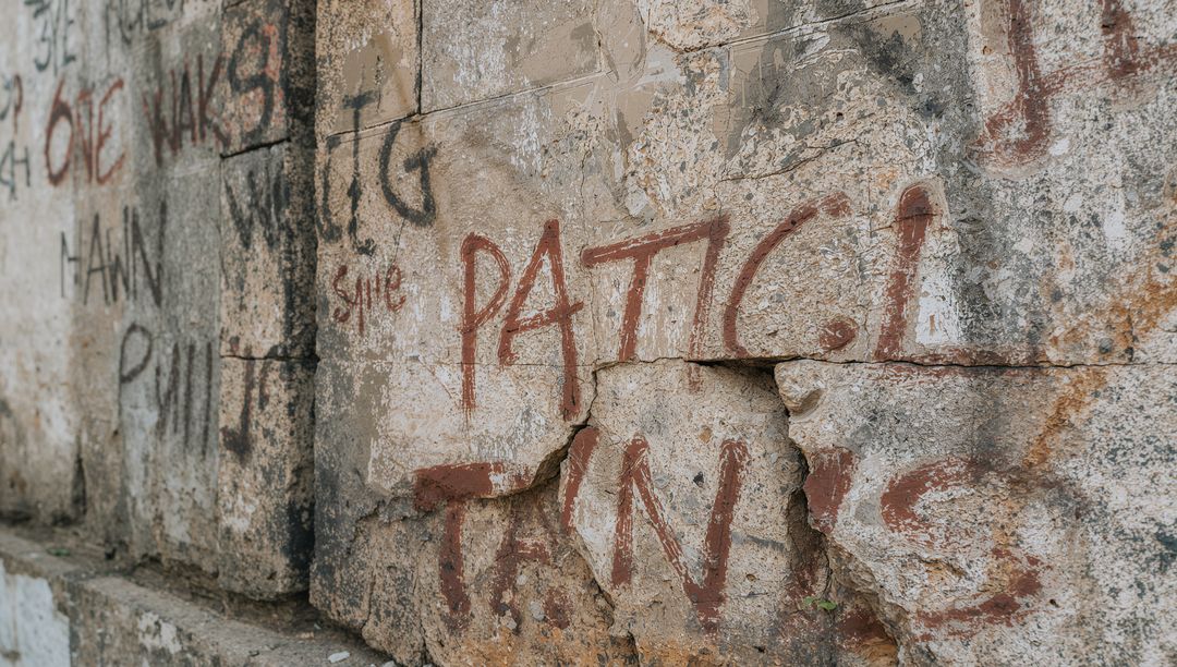 Weathered Limestone Wall with Red-Brown Graffiti, Flaking Mortar and Cracked Texture