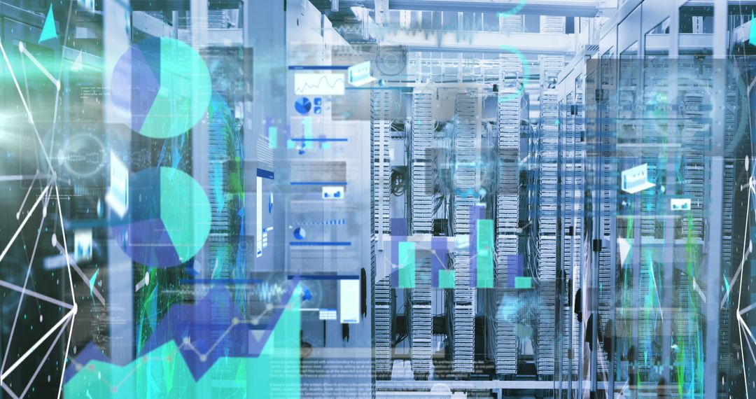 Futuristic Data Center with Digital Overlay and LED Lights