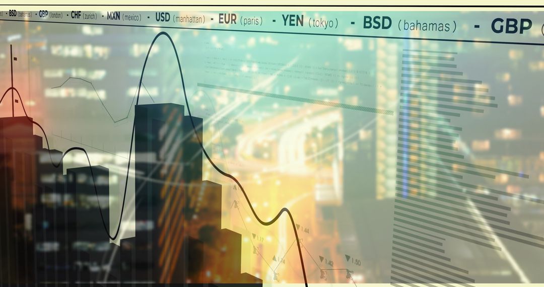 Financial Data Visualization with Urban Nightscape and Currency Charts